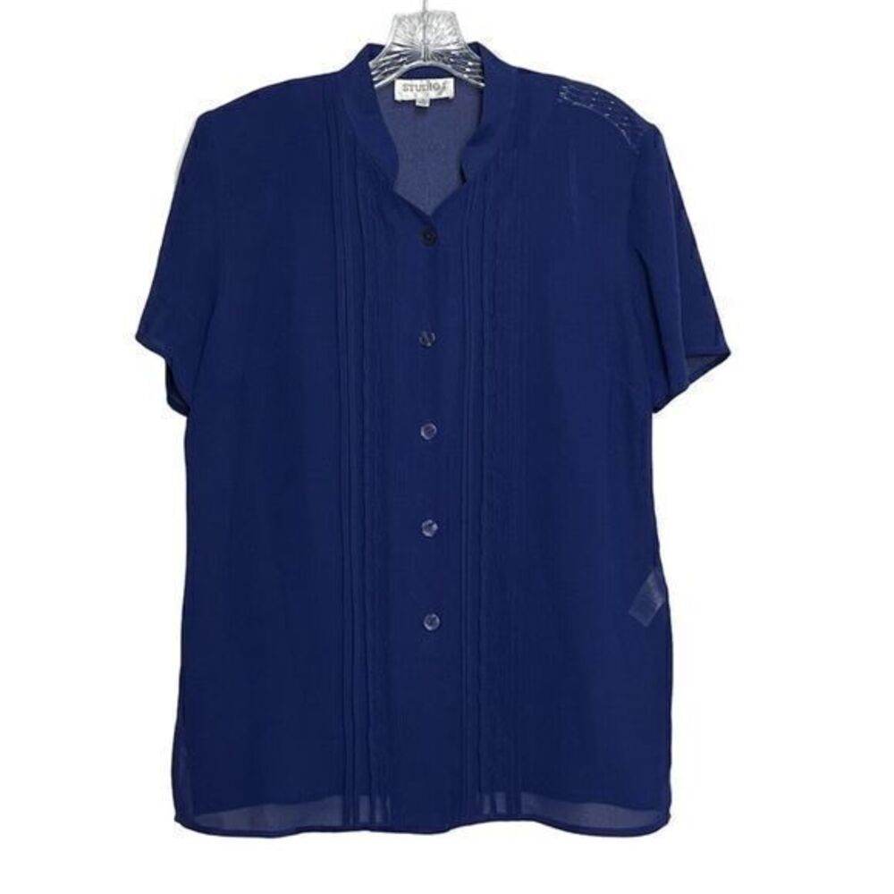 Studio I Sheer Button Up‎ Short Sleeve Blouse Tank 2 Pc Set Royal Blue Size 8